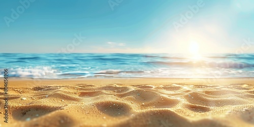 Low angle shot of a beautiful summer seascape background with golden sand, blue sky and sun on the beach. Sandy beach and clouds on a sunny day. vacation concept banner photo