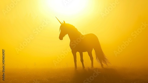 A captivating silhouette of a whimsical unicorn is set against a calming yellow background, creating an inspiring atmosphere full of magic and wonder. Perfect for backgrounds, storytelling, or adding © Mickey
