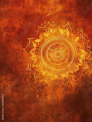 A saffron-colored background sets the stage for a captivating silhouette of a mandala, replete with intricate geometric patterns and spiritual symbolism. The rich hue amplifies the mesmerizing photo