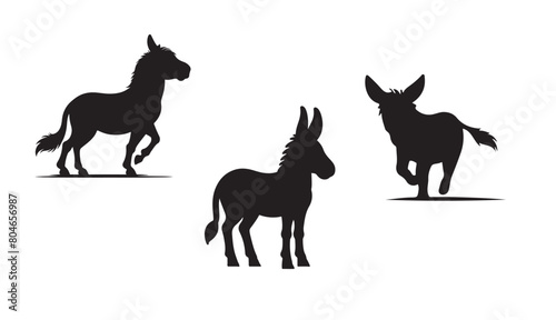 Donkey vector black silhouette illustration set