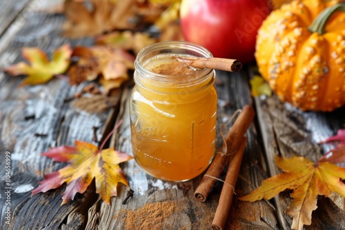 Mason Jar of Apple Cider on Wooden Table photo