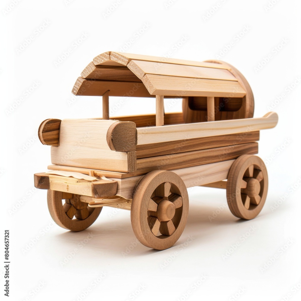 A wooden toy horse drawn carriage on a white background