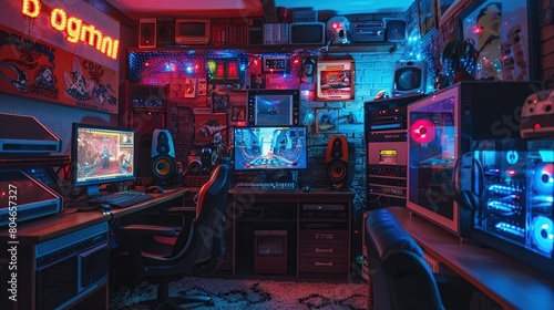 Vintage retro game room for entertainment with pc units and monitors. Vibrant colors with cyberpunk style. The best interior ever. photo