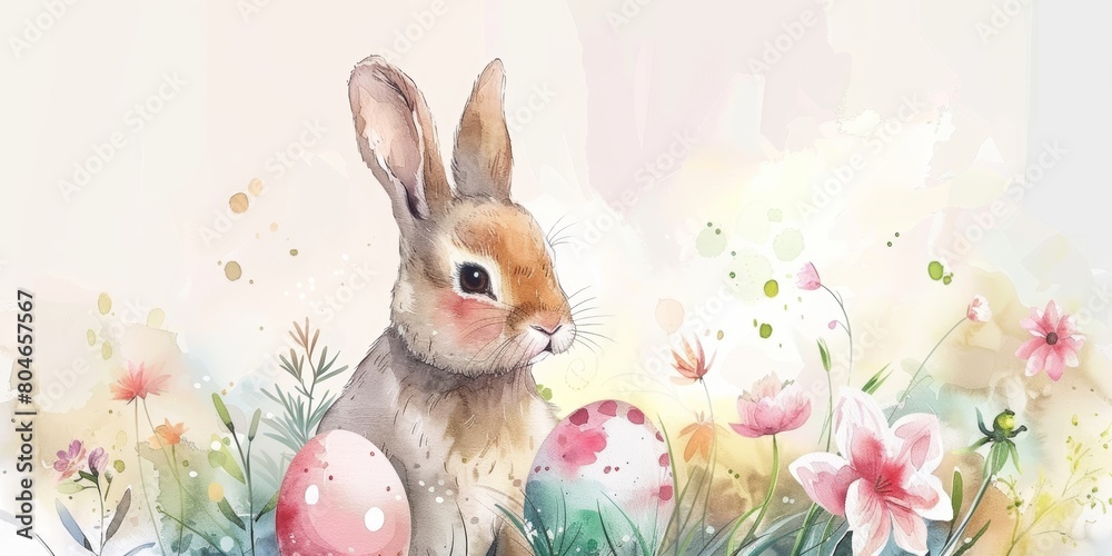 Happy Easter Bunny in Spring Floral Background Generative AI