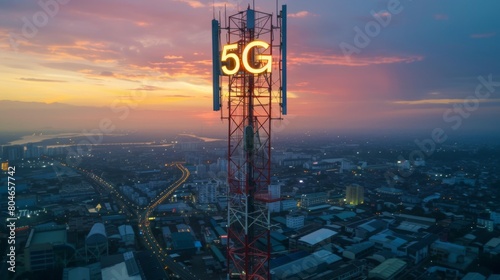 Telecommunication tower with 5G cellular network antenna on city background, Global connection and internet network concept