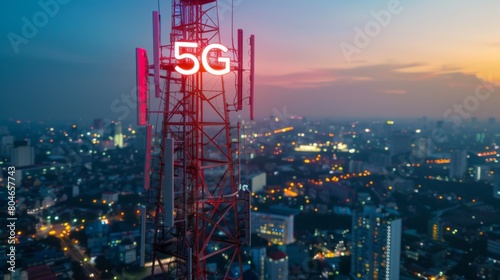 Telecommunication tower with 5G cellular network antenna on city background, Global connection and internet network concept