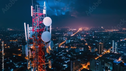 Telecommunication tower with 5G cellular network antenna on night city background photo
