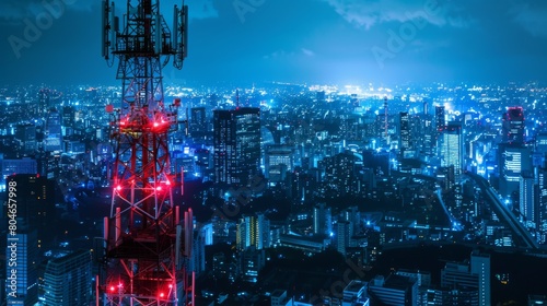 Telecommunication tower with 5G cellular network antenna on night city background
