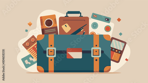 Bursting with nostalgia the vintage suitcase reveals a treasure trove of mementos from handwritten journals to faded train tickets and a vintage. Vector illustration