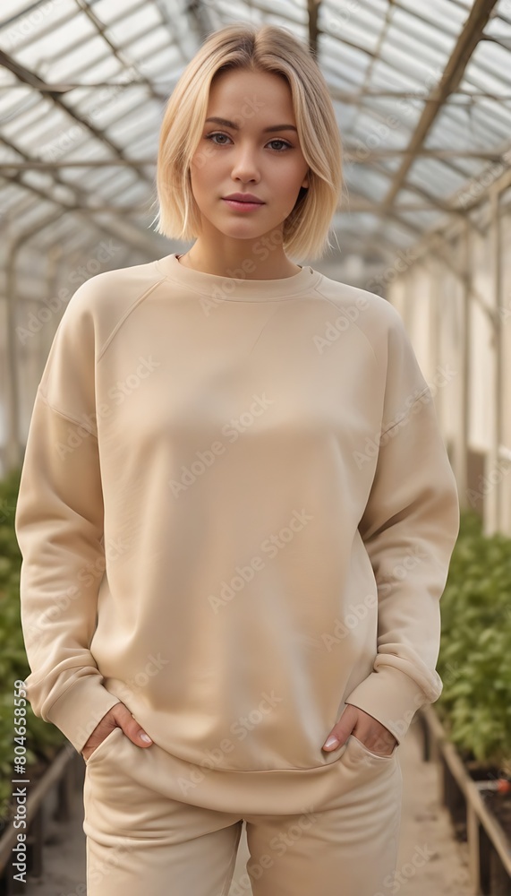 Stylish Blonde Female Model in Beige Oversized Crewneck Sweatshirt Mockup, Posing in Greenhouse with Hand in Pocket