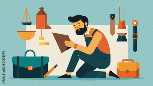 A leatherworker with dyspraxia who uses his spatial awareness struggles to create innovative and asymmetrical designs in his bags and accessories.. Vector illustration