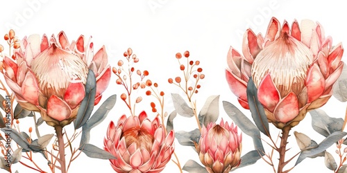 Whimsical Watercolor Floral Illustration with Protea and Roses Generative AI