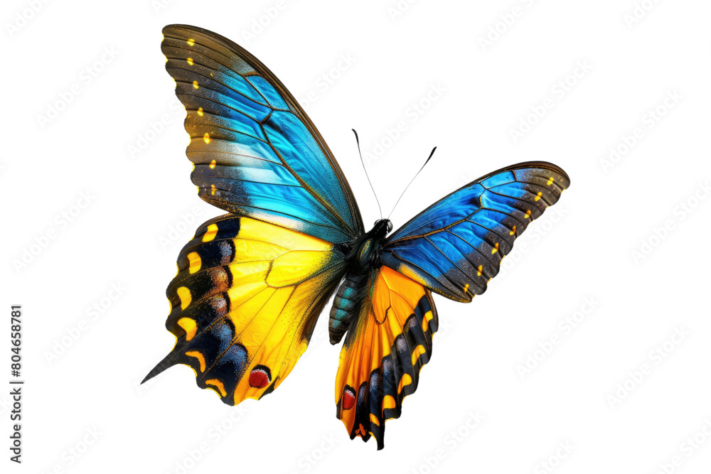 Blue yellow and orange butterfly isolated on transparent background.