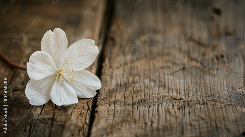Fototapeta premium A delicate white flower resting gracefully on a rustic wooden table
