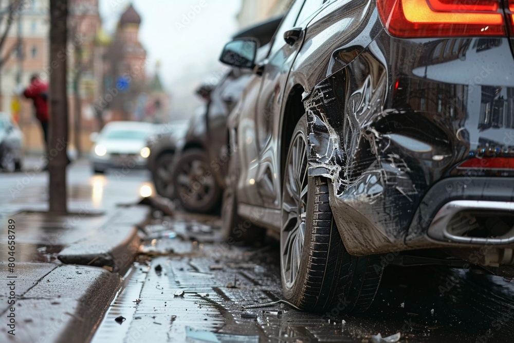 Collision Aftermath: Close-Up of Damaged Cars in Post-Accident Scene (Insurance Claim Photo) Collision Aftermath: Close-Up of Damaged Cars in Post-Accident Scene (Insurance Claim Photo)