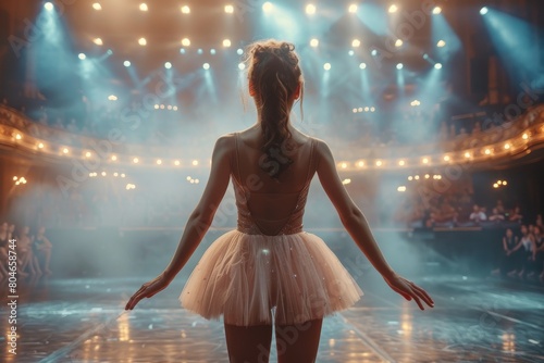 A ballerina faces stage lights, preparing to perform in a grand theater with an audience photo