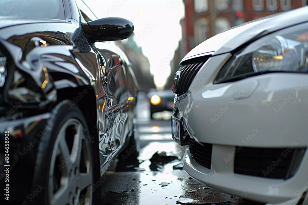 Collision Aftermath: Close-Up of Damaged Cars in Post-Accident Scene (Insurance Claim Photo)