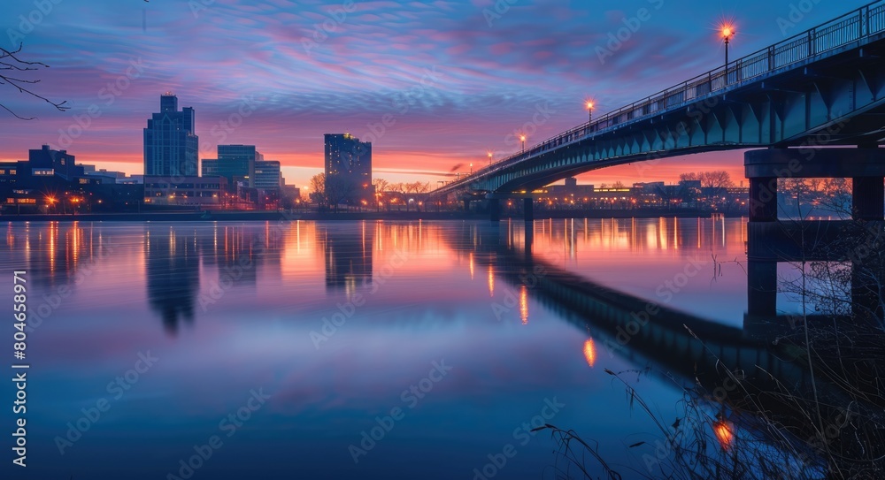 Sunrise: Delaware River and Cityscape View with Bridges and Warehouses