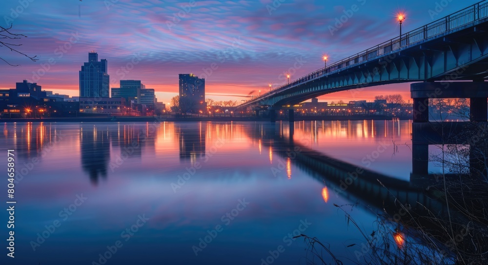 Sunrise: Delaware River and Cityscape View with Bridges and Warehouses Sunrise: Delaware River and Cityscape View with Bridges and Warehouses