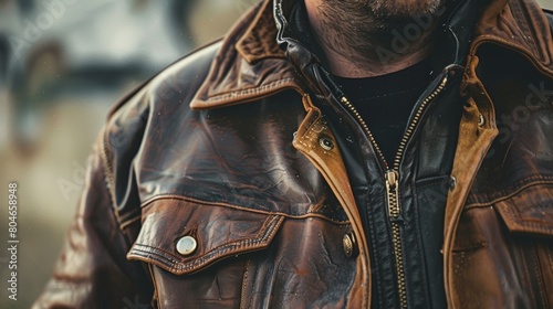 A man sporting a vintage leather jacket portraying a sense of nostalgia and individualism.