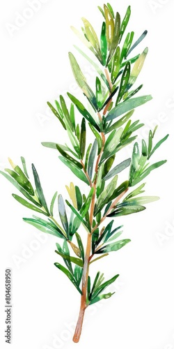 Watercolor Rosemary Twig Illustration  Natural and Medicinal Herb Isolated on Green Background