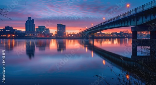 Sunrise  Delaware River and Cityscape View with Bridges and Warehouses