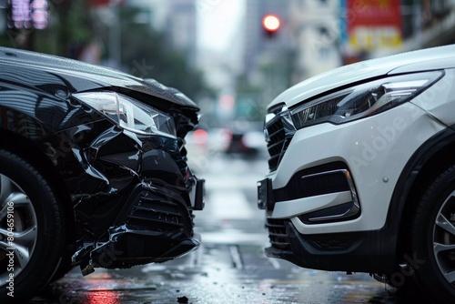 Collision Aftermath: Close-Up of Damaged Cars in Post-Accident Scene (Insurance Claim Photo)