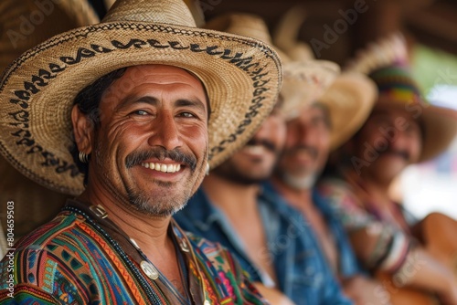 Charismatic mariachi musician in traditional attire, showcasing his bright smile and sombrero