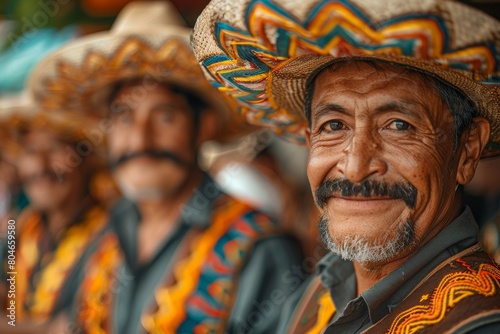 Elderly mariachi musician with a poignant smile wearing a colorful embroidered sombrero