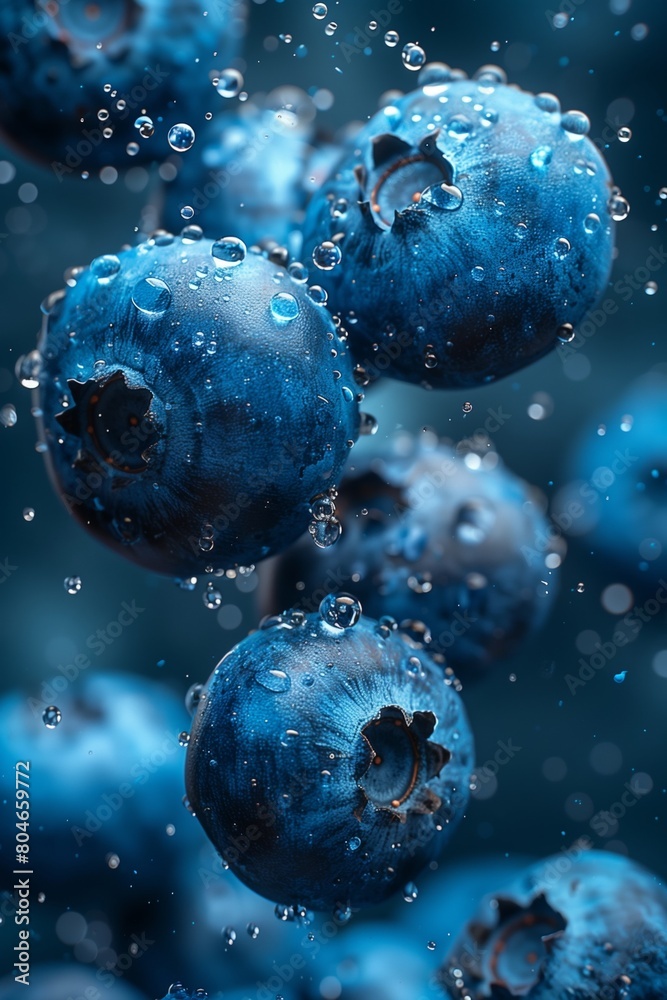 Artistic close-up of blueberries suspended in air, dew drops shimmering, on a stark black background. Artistic close-up of blueberries suspended in air, dew drops shimmering, on a stark black background.
