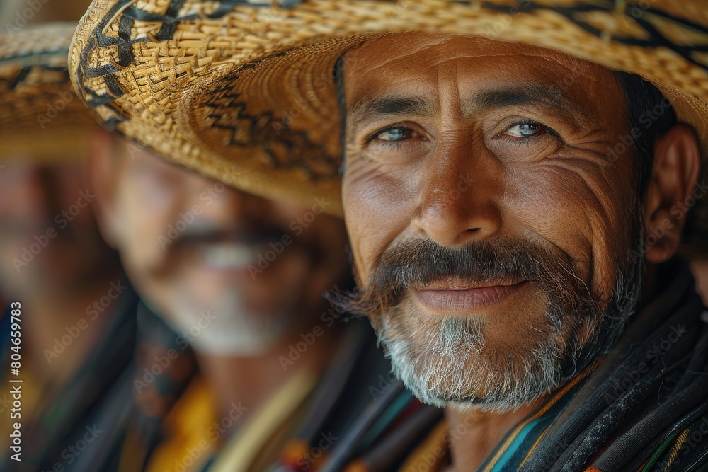 A portrait of a man with traditional Mexican sombrero and colorful poncho, giving a glimpse into Mexican culture