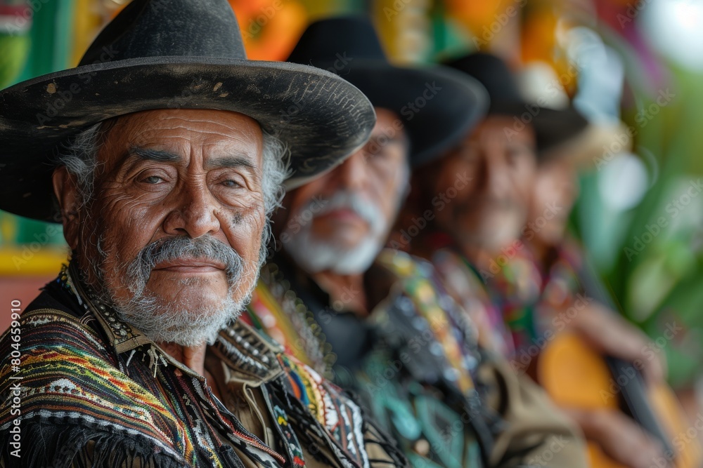 Solemn and proud elderly Mexican man dressed in traditional black attire with a sombrero