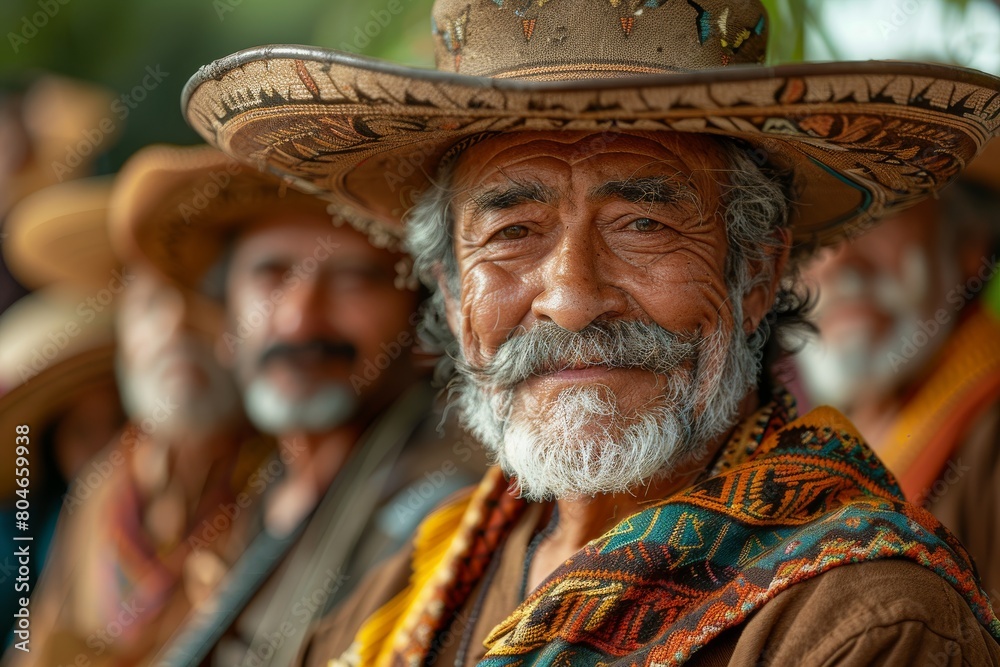 Happy senior man wearing a traditional sombrero and colorful attire with a group outside