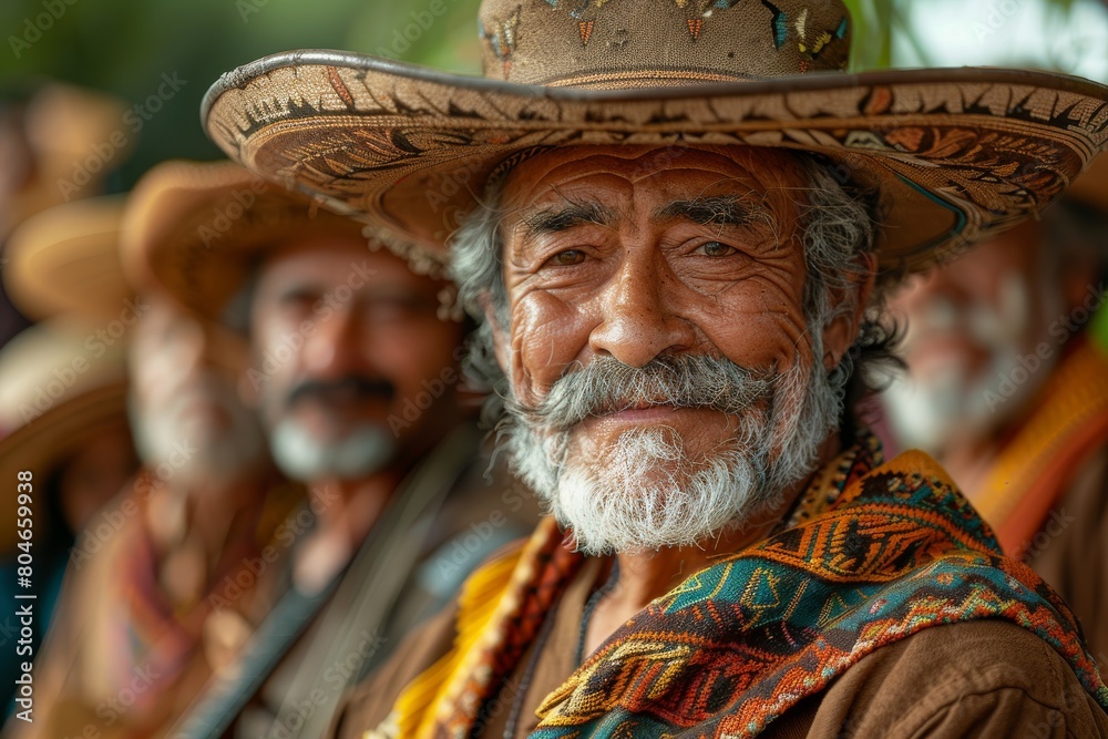 Happy senior man wearing a traditional sombrero and colorful attire with a group outside Happy senior man wearing a traditional sombrero and colorful attire with a group outside