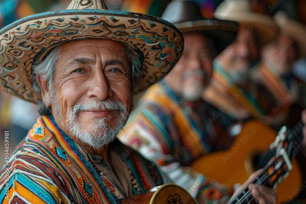 A man playing the guitar, dressed in colorful, traditional Mexican attire with a sombrero