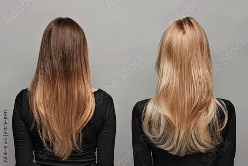 Transformed Locks: Before and After Hair Treatment on Grey Background. Back View of Beautiful Adult