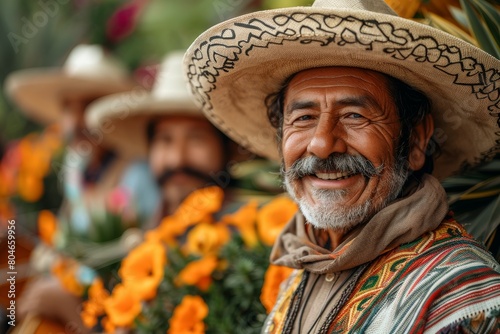 Elderly smiling man in a sombrero and traditional clothing surrounded by bright flowers