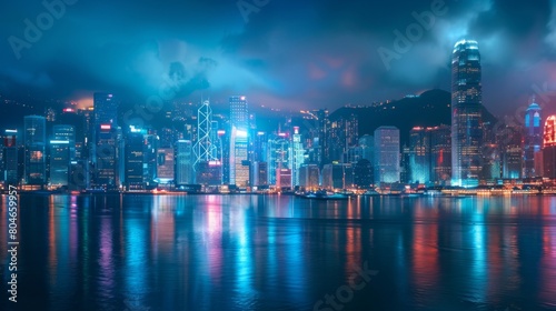 Urban cityscape skyline at night in Hong Kong