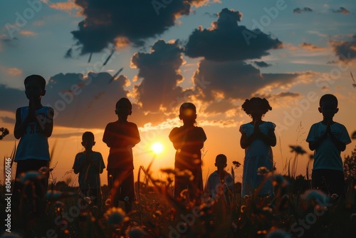Silhouette back refugee kid group.Responsible.Kid child boy and girl worship.World kids day  Pray and worship  Hope  freedom  Diverse  Faith.World refugee day.Juneteenth kid.Friends - generative ai