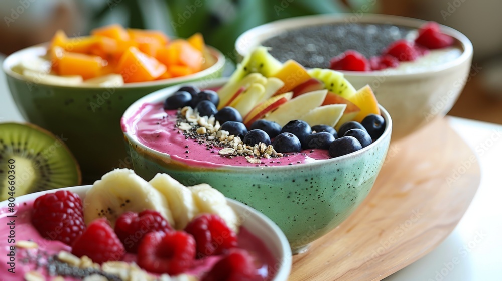 Vibrant tropical smoothie bowls brimming with blended fruit goodness, a refreshing taste of paradise. Vibrant tropical smoothie bowls brimming with blended fruit goodness, a refreshing taste of paradise.