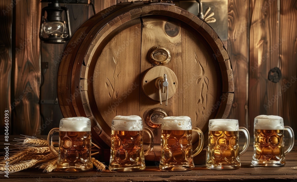 beers and beer mugs displayed in front of a wooden barrel, against a backdrop of a brown wooden wall, with wheat ears accentuating the rustic ambiance.