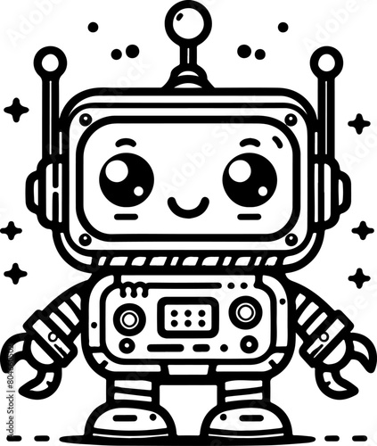 Cute little robot black outline illustration. Coloring book.