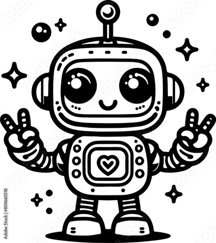 Cute little robot black outline illustration. Coloring book.