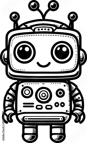 Cute little robot black outline illustration. Coloring book.
