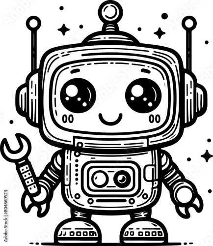 Cute little robot black outline illustration. Coloring book.