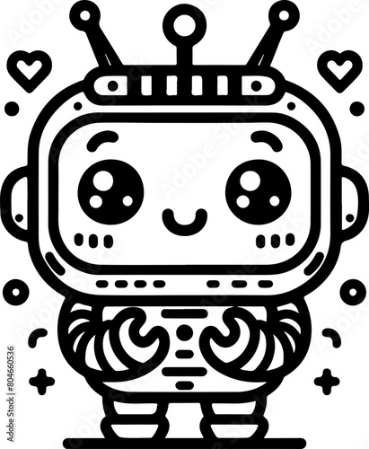 Cute little robot black outline illustration. Coloring book.