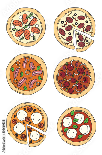color drawn vector set of different types of pizza
