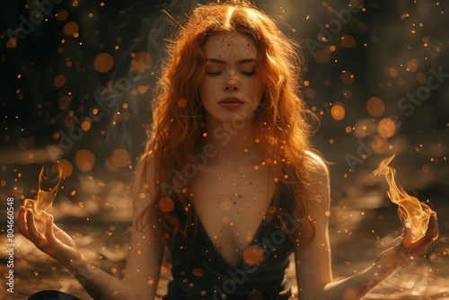 A red-haired woman with freckles sits meditatively with her eyes closed, surrounded by golden particles and small fires photo