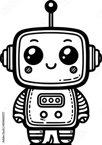 Cute little robot black outline illustration. Coloring book.