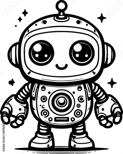 Cute little robot black outline illustration. Coloring book.